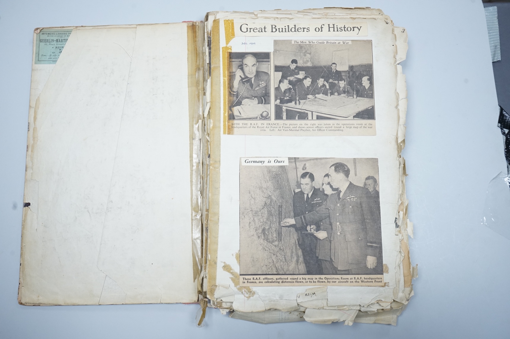 A WWII RAF operations scrapbook relating to RAF Bawtry, dating from 1939 onwards, containing related newspaper cuttings, pamphlets, including photographs of HRH the Duchess of Gloucester visiting Bawtry, photographs show